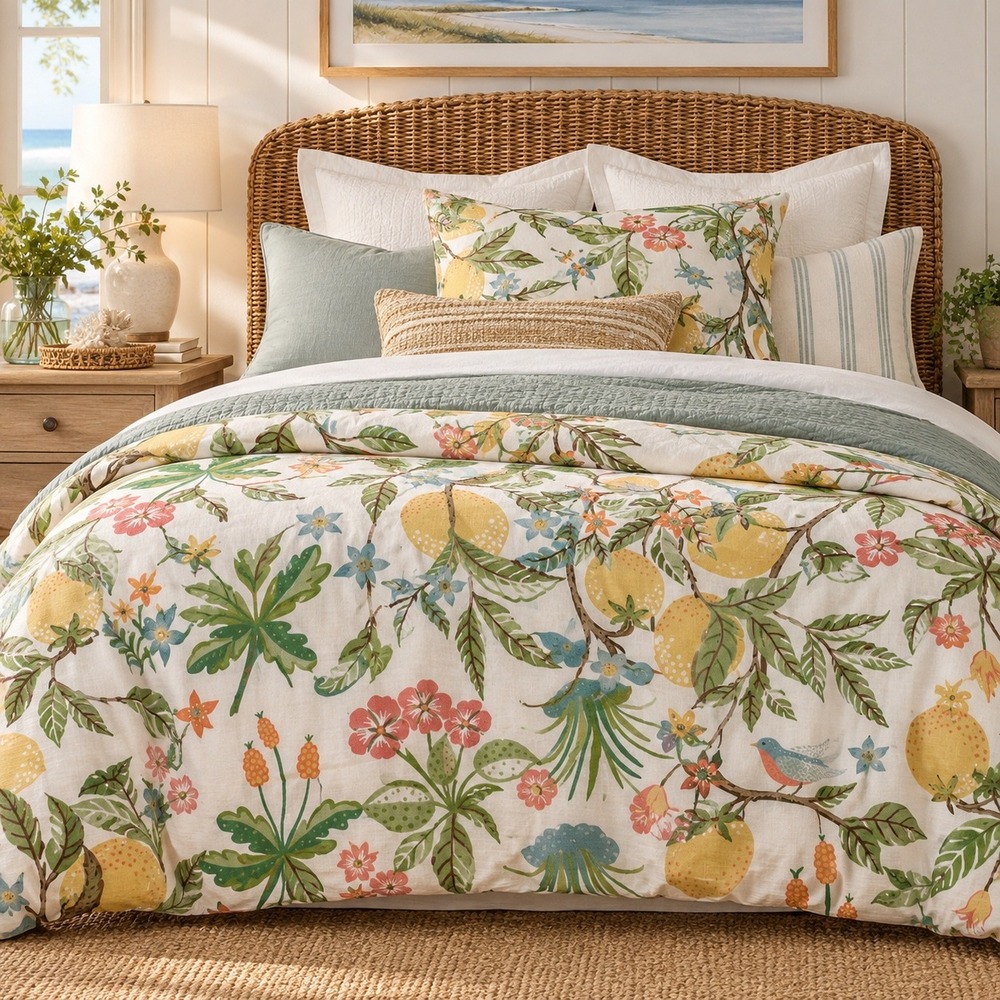 Pottery Barn Brynn Full Queen Duvet Cover + 1 Sham Floral Bird Cotton Linen RARE